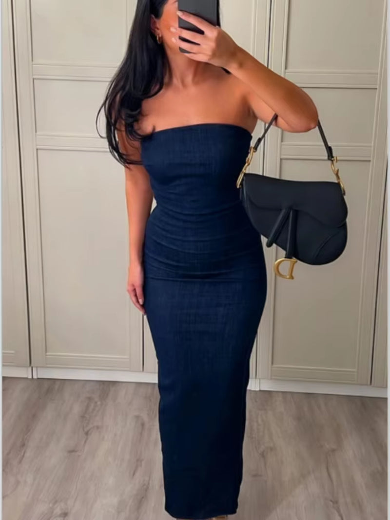 Denim Dress Zipper Split Sleeveless Dress Backless Midi Dress Woman Bodycon Dress Ladies Party Evening Sexy Strapless Dress