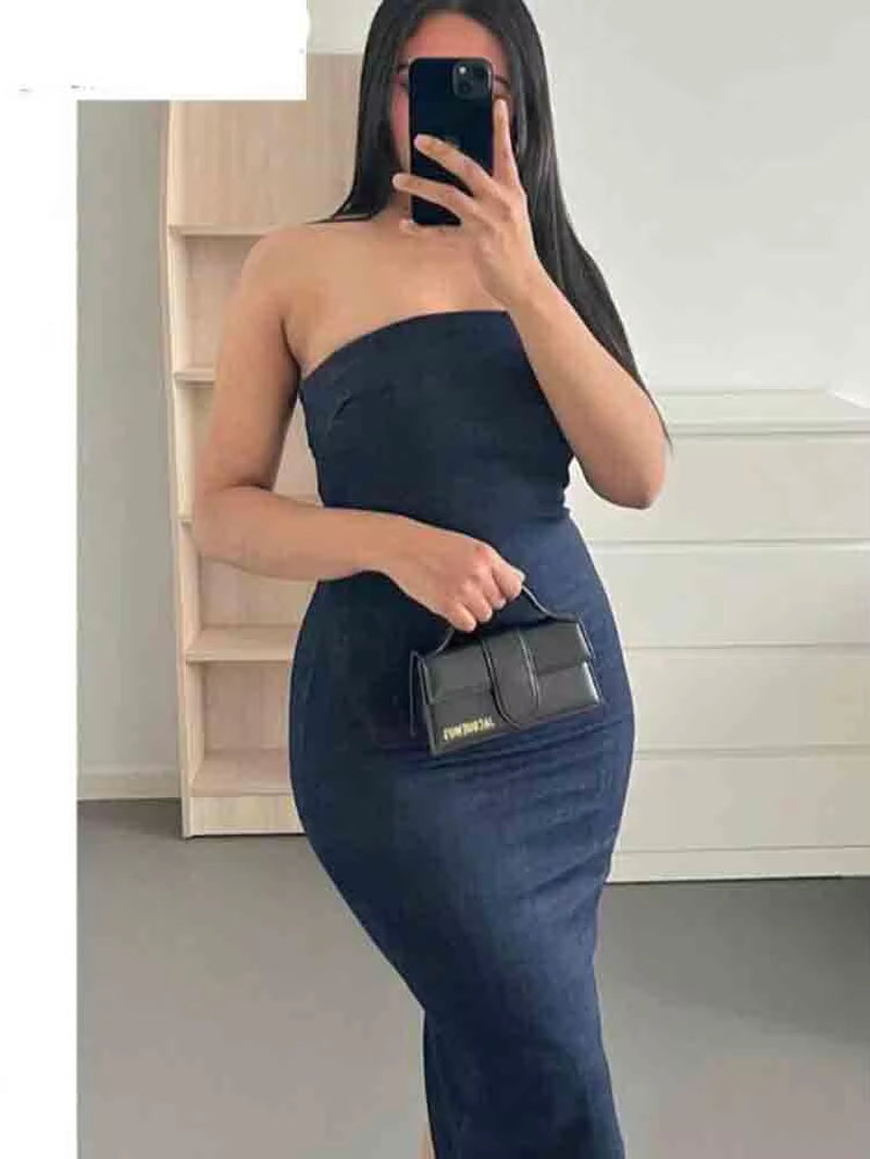 Denim Dress Zipper Split Sleeveless Dress Backless Midi Dress Woman Bodycon Dress Ladies Party Evening Sexy Strapless Dress