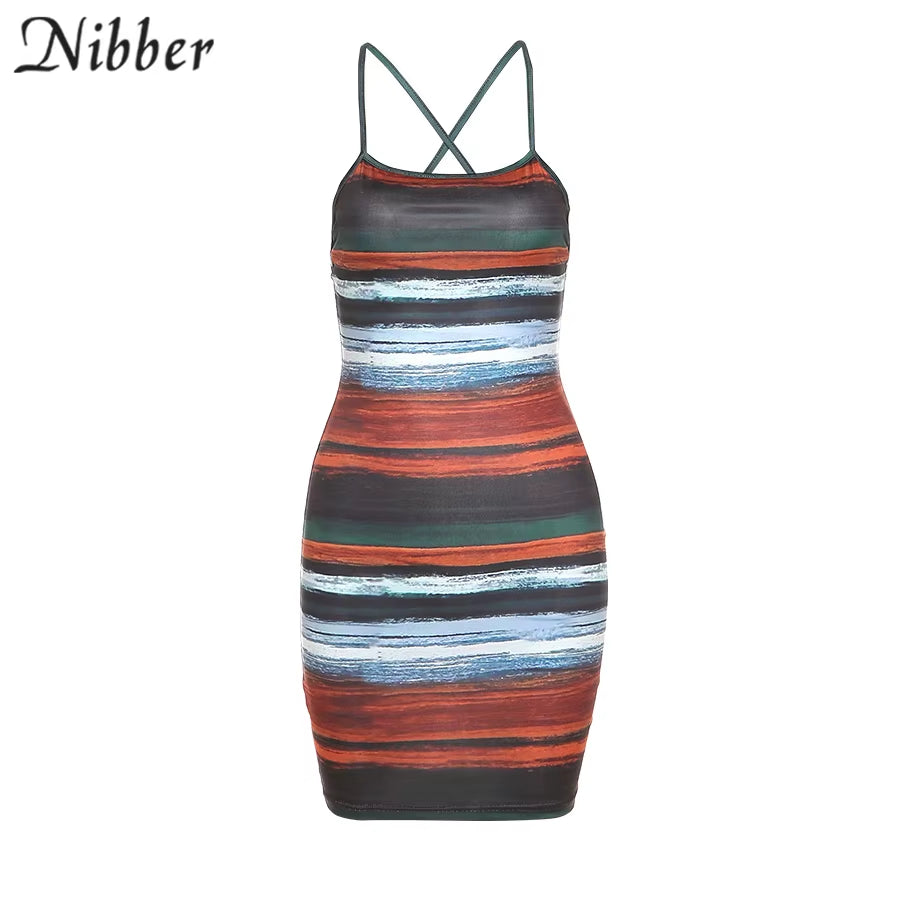 Y2K Striped Printed Sling Mini Dresses Women Sexy Skinny Slash Neck Backless Summer Vintage Midnight Clubwear Outfits