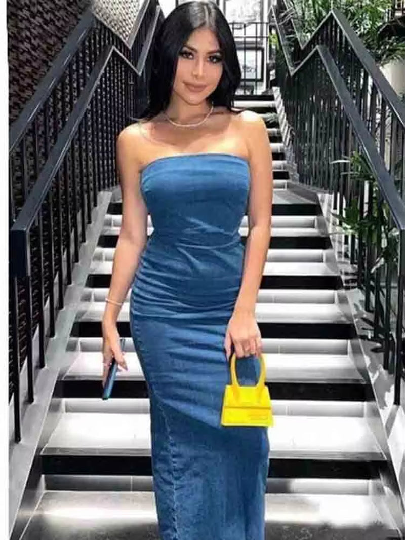 Denim Dress Zipper Split Sleeveless Dress Backless Midi Dress Woman Bodycon Dress Ladies Party Evening Sexy Strapless Dress