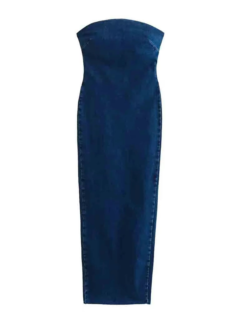 Denim Dress Zipper Split Sleeveless Dress Backless Midi Dress Woman Bodycon Dress Ladies Party Evening Sexy Strapless Dress