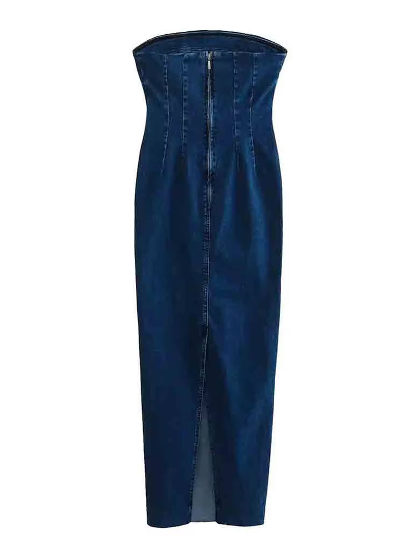 Denim Dress Zipper Split Sleeveless Dress Backless Midi Dress Woman Bodycon Dress Ladies Party Evening Sexy Strapless Dress