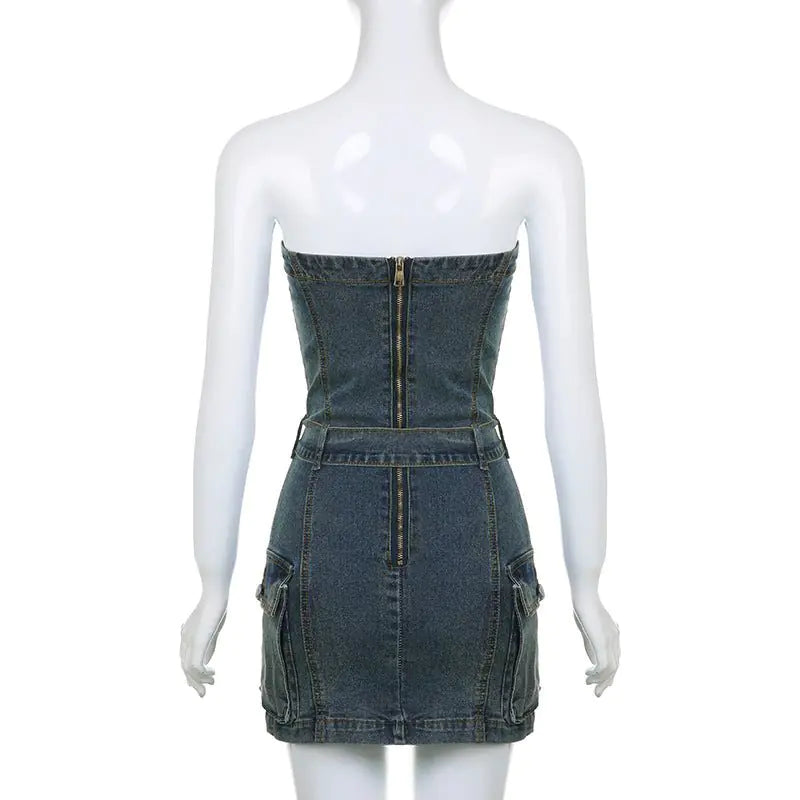 Nia Belted Denim Strapless Mini Dress