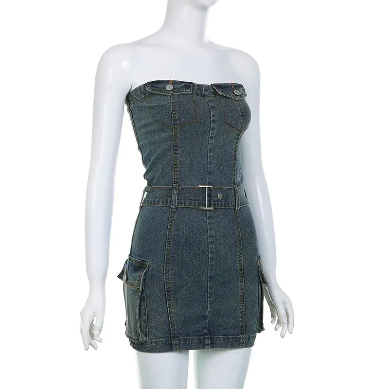 Nia Belted Denim Strapless Mini Dress