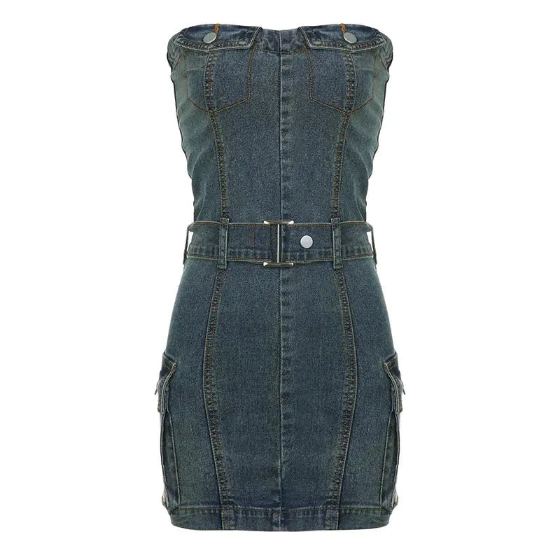 Nia Belted Denim Strapless Mini Dress