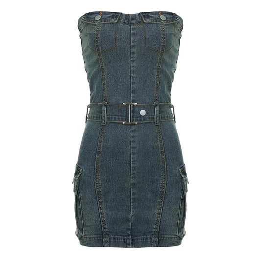 Nia Belted Denim Strapless Mini Dress